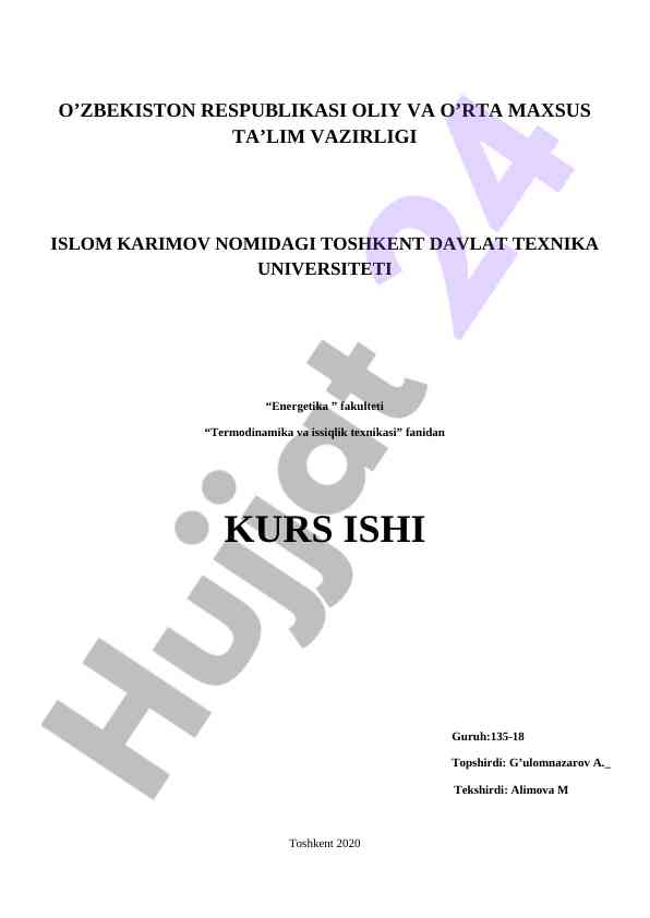 Termodinamika va issiqlik texnikasi kurs ishlari