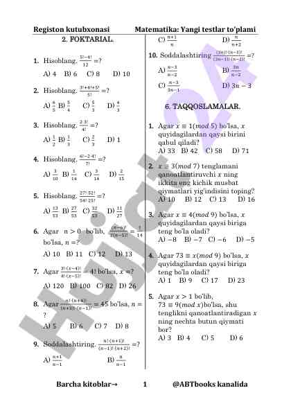 Matematika yangi testlar to'plami