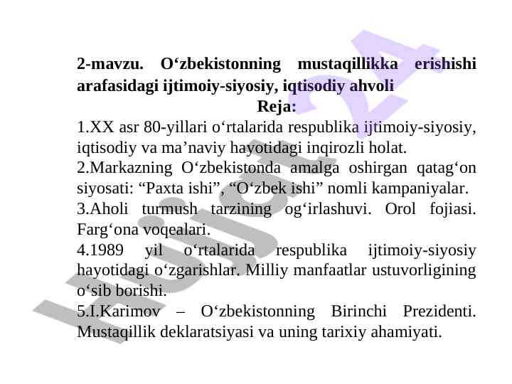 O‘zbekistonning mustaqillikka erishishi ijtimoiy-iqtisodiy holati