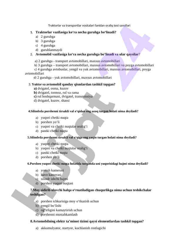 Traktorlar va transportlar vositalari fanidan test savollari