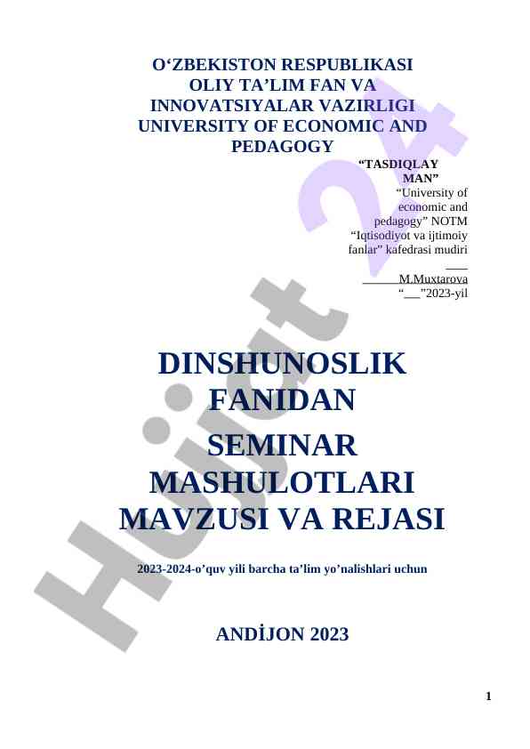 Dinshunoslik fanidan seminar moshuloti rejalari 2023-2024