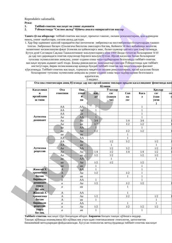 Reproduktiv salomatlik va tibbiy-genetik maslahat