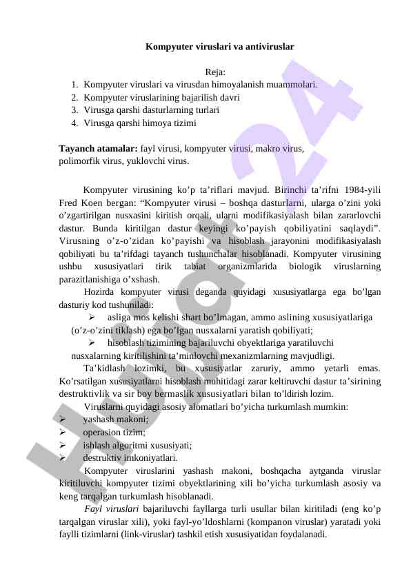 Kompyuter viruslari va antiviruslar tahlili
