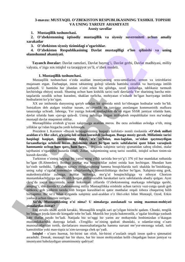 Mustaqil o'zbekiston respublikasining tarixiy ahamiyati