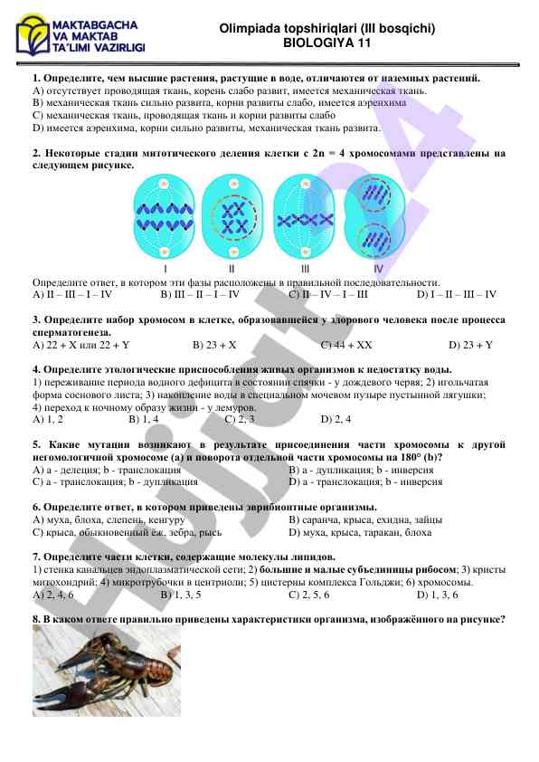 Olimpiada topshiriqlari biologiya 11 sinfi