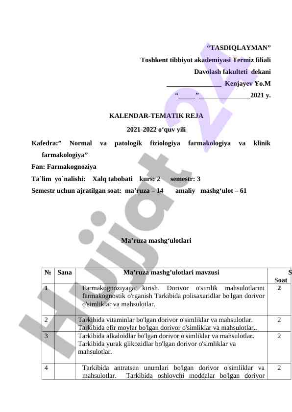 Farmakognoziya o‘qish rejasi 2021-2022