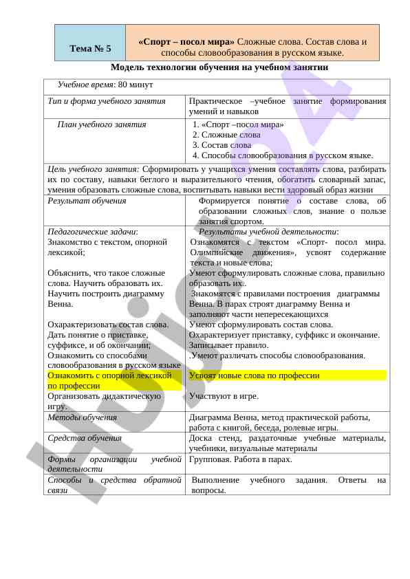 Технологическая карта учебного занятия по спорту