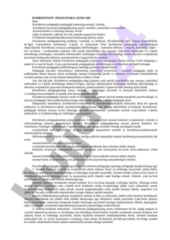 Korrektsion pedagogika asoslari: anomal bolalar