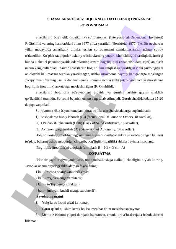 Shaxslararo bog‘liqlikni o‘rganish so‘rovnomasi tahlili