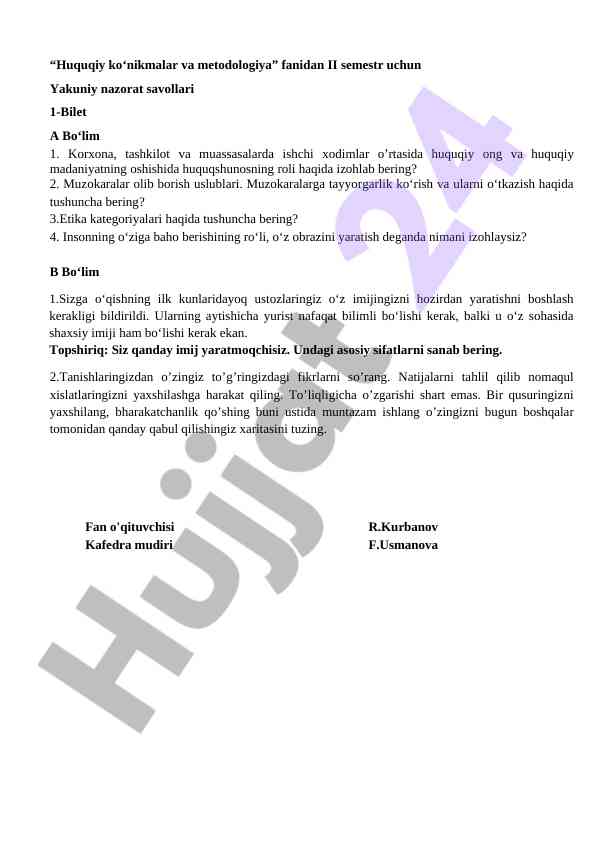 Yakuniy nazorat savollari huquqiy ko‘nikmalar fanida