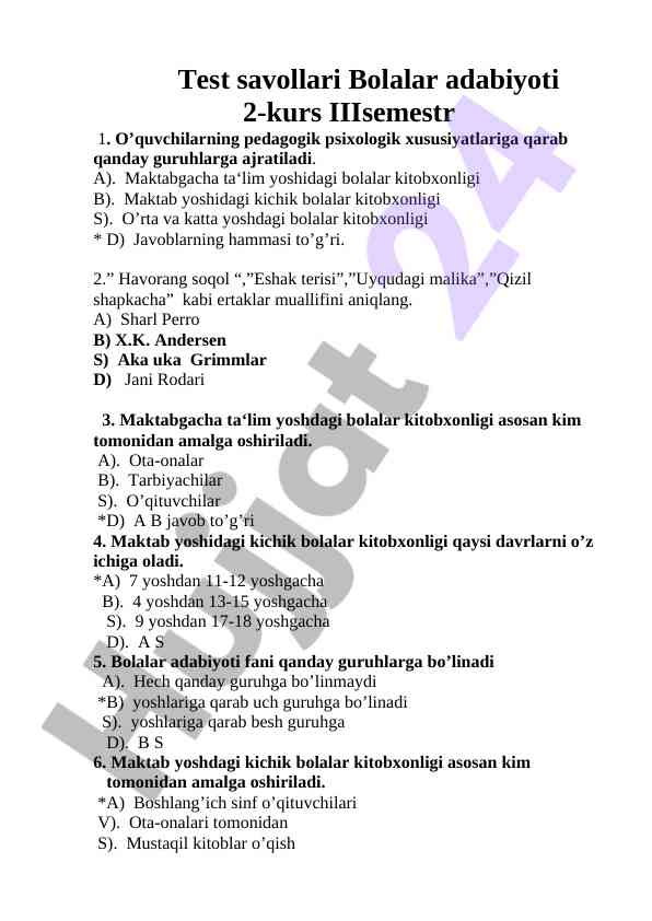 Bolalar adabiyoti test savollari 2-kurs iii semestr