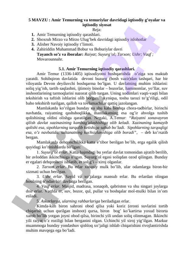 Amir temur va temuriylar davridagi iqtisodiy g'oyalar