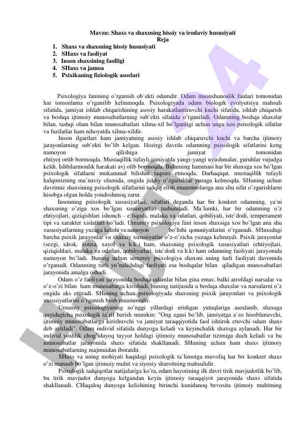 Shaxsning hissiy va irodaviy hususiyatlari tahlili