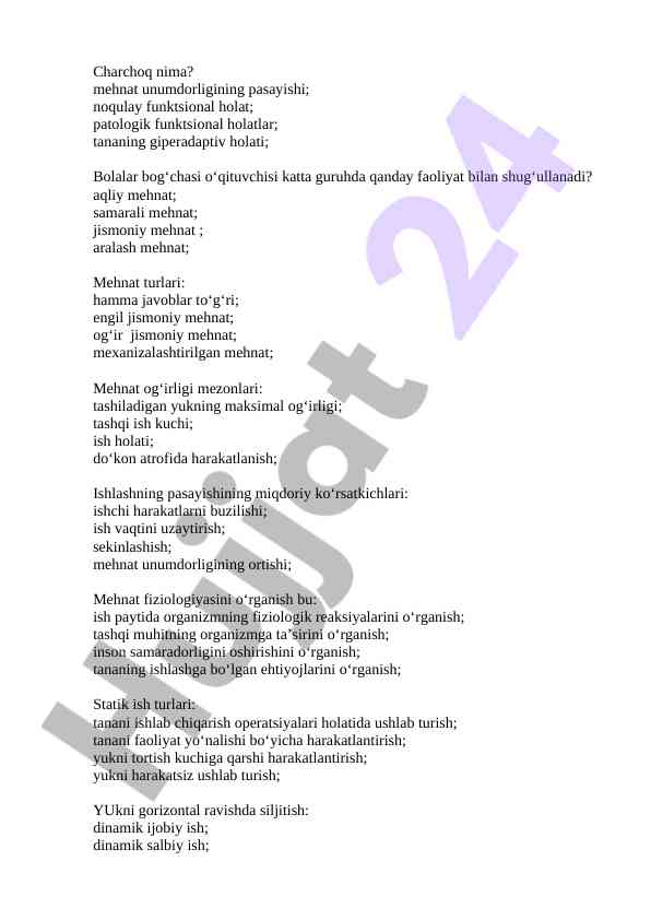 Mehnat fiziologiyasi va unumdorlik tahlili