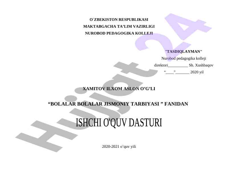 Bolalar jismoniy tarbiyasi fanidan ishchi o‘quv dasturi