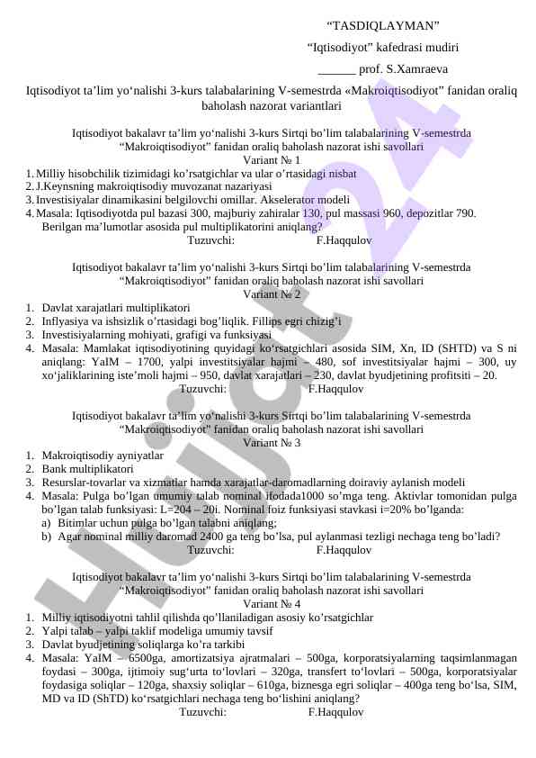 Makroiqtisodiyot fanidan oraliq baholash savollari