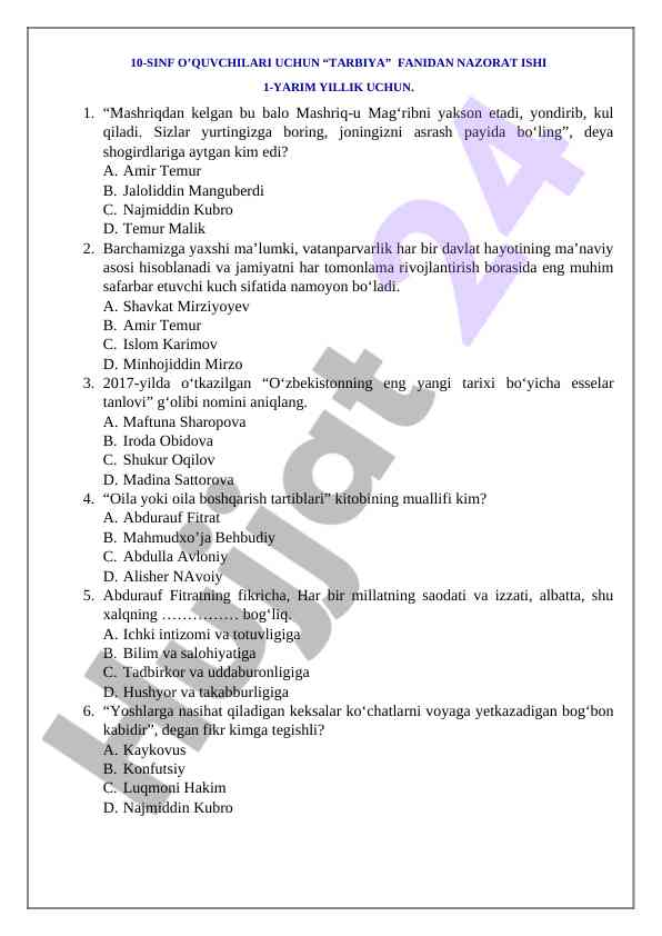10-sinf o‘quvchilari uchun tarbiya fanidan nazorat