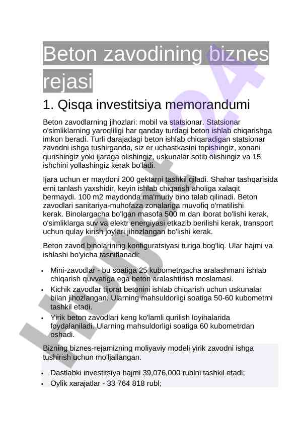 Beton zavodi biznes rejasi muhim asoslar