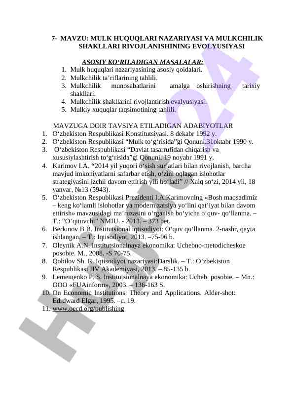 Mulk huquqlari nazariyasi va mulkchilik shakllari