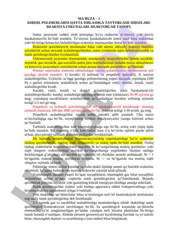 Polimerlarni qayta ishlash uskunalari haqida ma’ruza