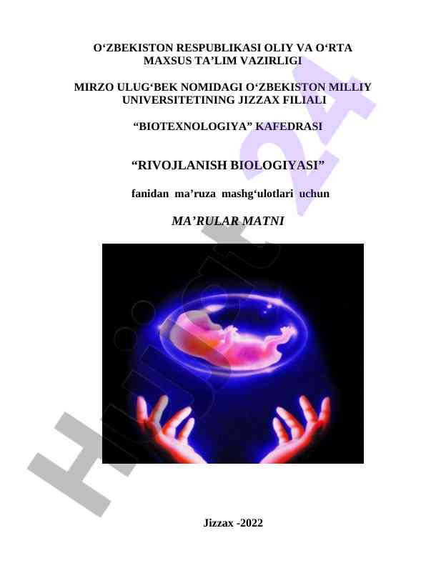 Rivojlanish biologiyasi fanidan ma’ruza matni