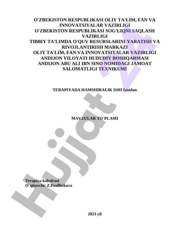 Terapiyada hamshiralik ishining o‘quv resurslari