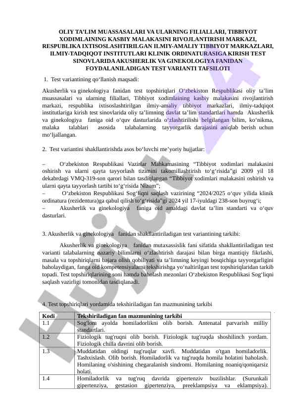 Akusherlik Va Ginekologiya Fanidan Test Variantlari