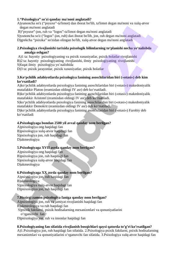 Psixologiyaning taraqqiyoti va asoschilarini o'rganish