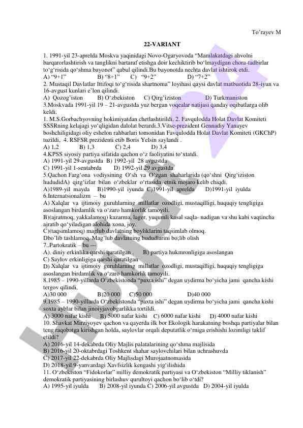 Mustaqil davlatlar ittifoqi tarixi testlari