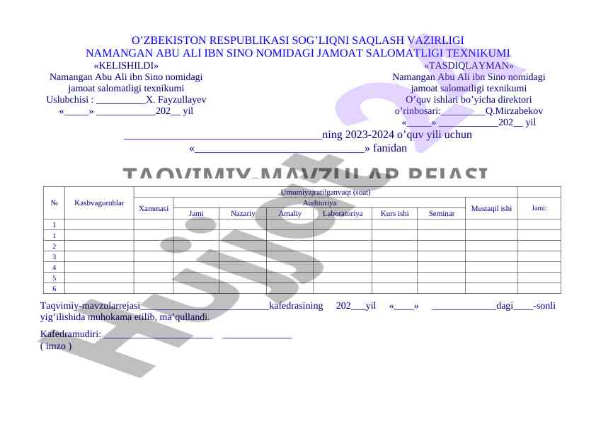 Jamiyat salomatligi fanidan taqvimiy-mavzular rejasi