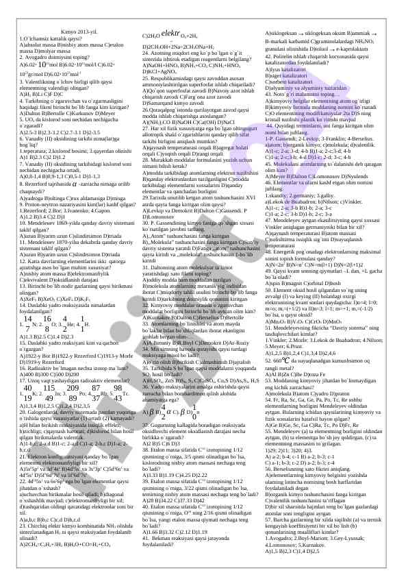 Kimyo testlari va savollari 2013