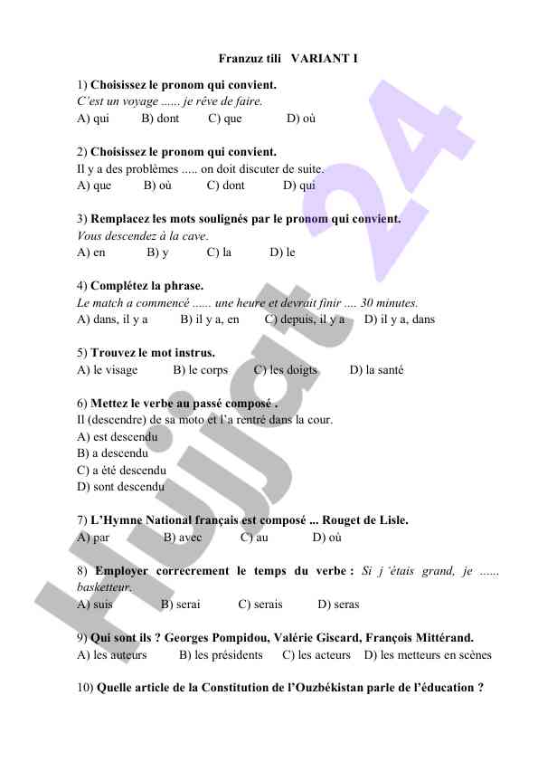 Franzuz tili testi va nazorat savollari