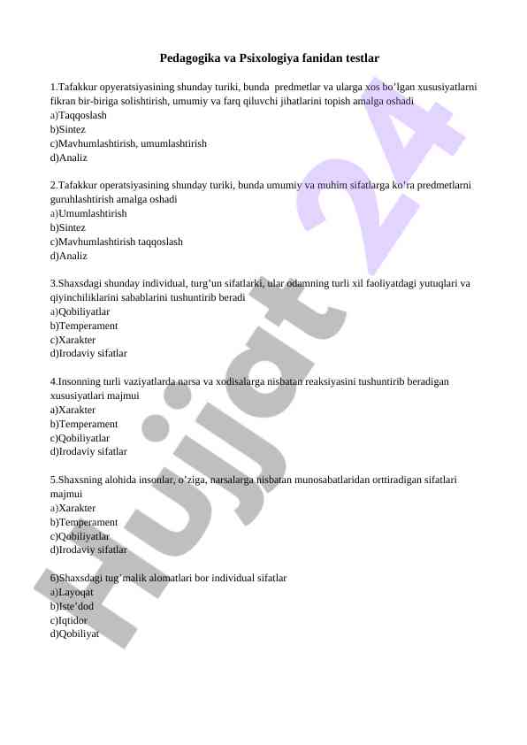 Pedagogika va psixologiya fanidan testlar