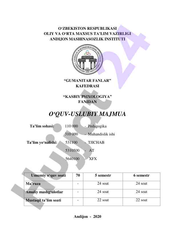 Kasbiy psixologiya fani o‘quv-uslubiy majmua