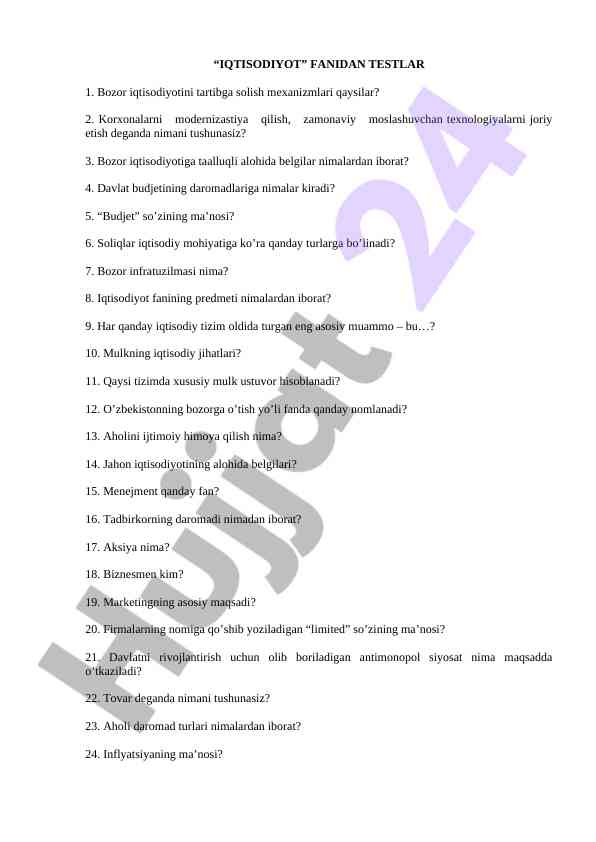 IQTISODIYOT FANI BO'YICHA TEST SAVOLLARI