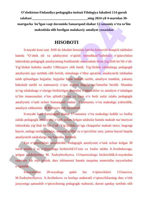 Malakaviy amaliyot hisoboti samarqand maktabida