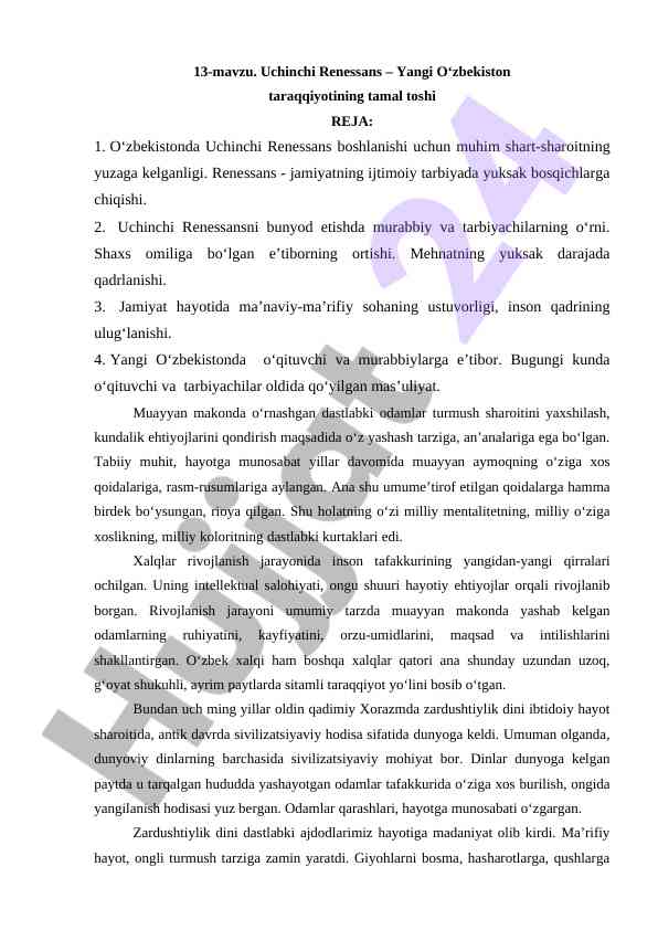 Uchinchi renessans - o‘zbekiston taraqqiyoti