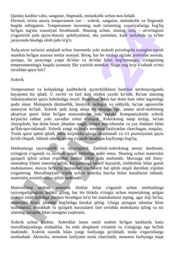 Kasb tanlashda temperamentning roli