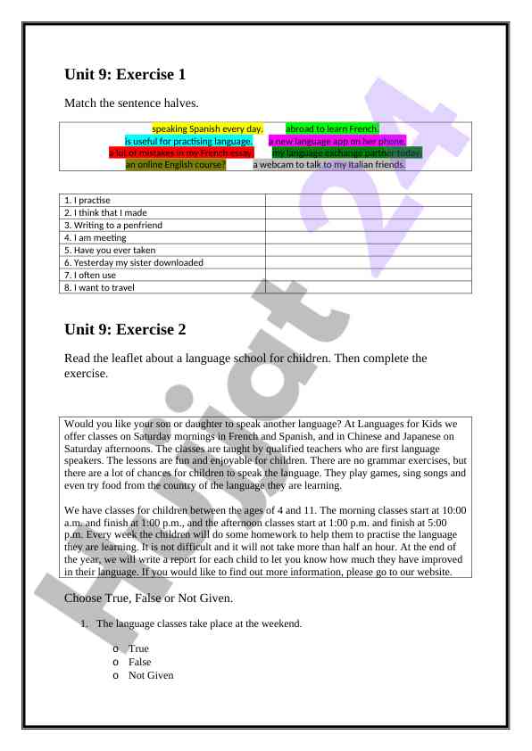 Language school activities and exercises for children