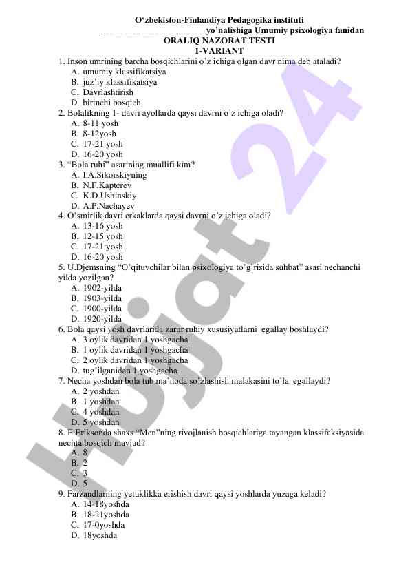 Umumiy psixologiya fanidan oralqi nazorat testi