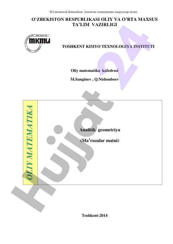 Analitik geometriya o‘quv qo‘llanmasi