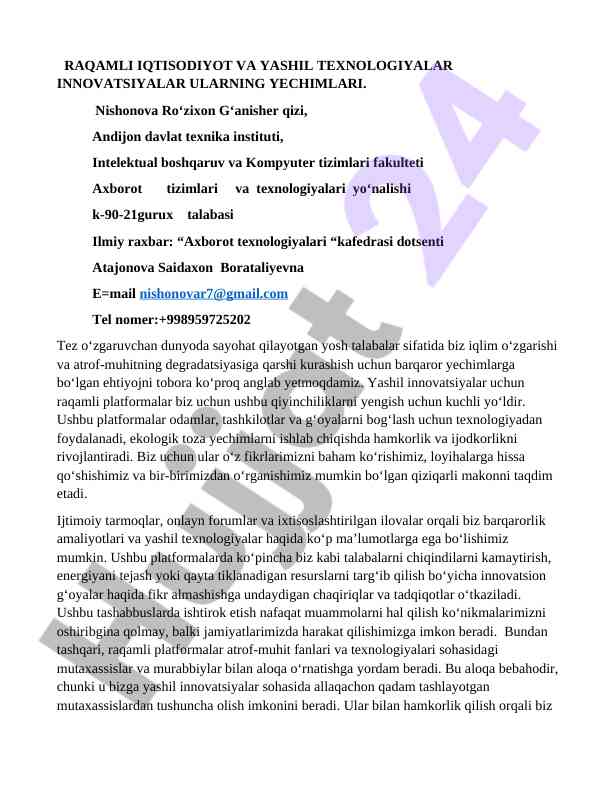 Raqamli iqtisodiyot va yashil texnologiyalar innovatsiyalar