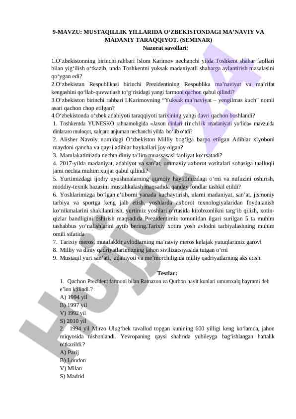 Mustaqillik yillarida o‘zbekistonning ma’naviy taraqqiyoti
