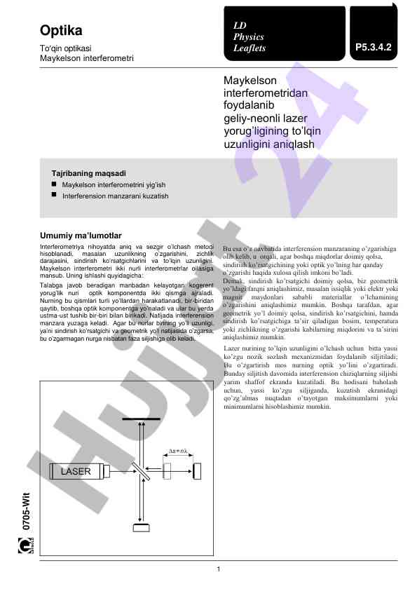 Maykelson interferometrida to’lqin uzunligini aniqlash