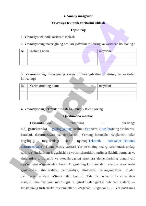 Yevrosiyo tektonik xaritasini ishlash masg‘uloti