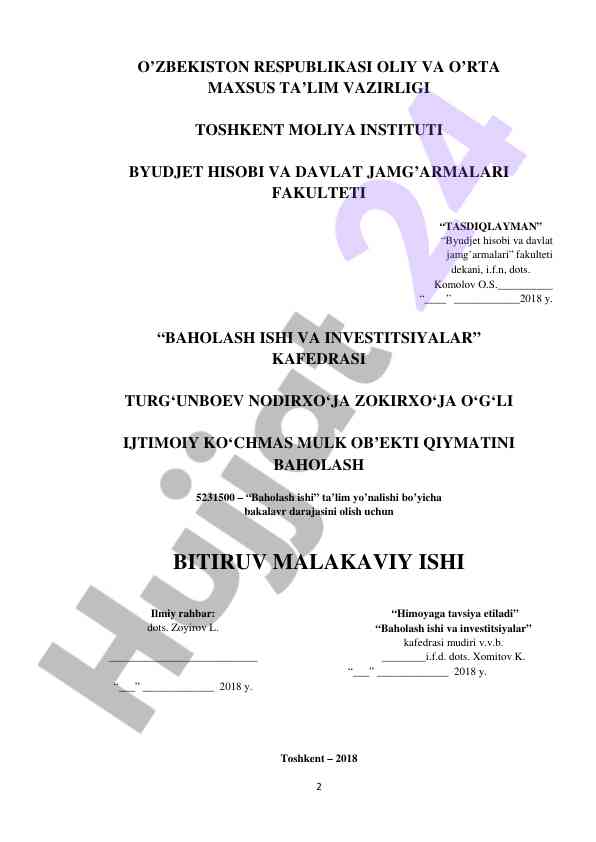 Ijtimoiy ko'chmas mulk ob'ekti qiymatini baholash
