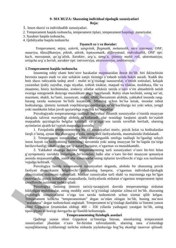 Shaxsning individual tipologik xususiyatlari haqida