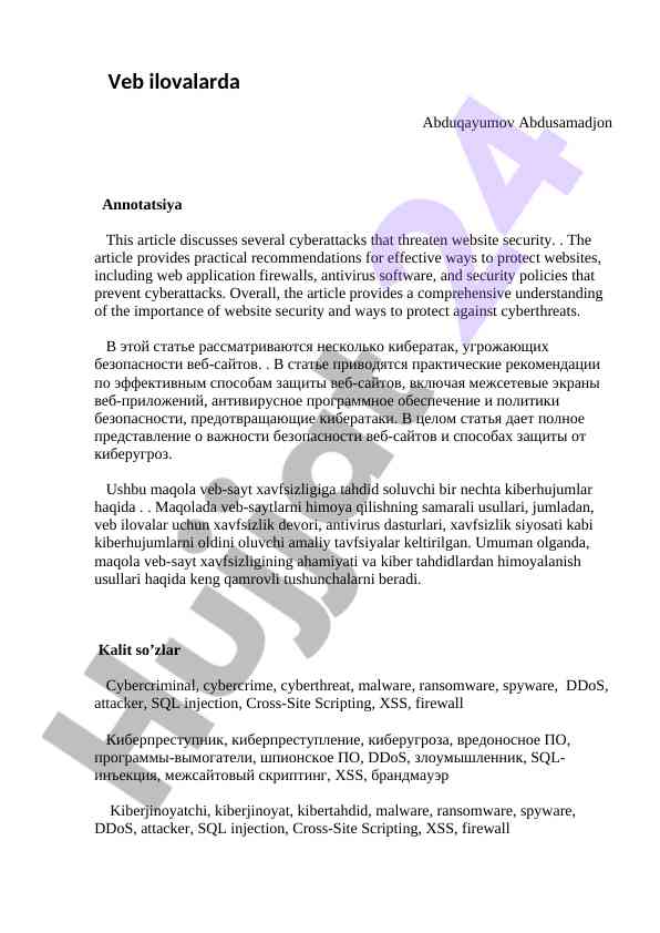 Kiberhujumlar tuxumlari va veb-sayt xavfsizligi