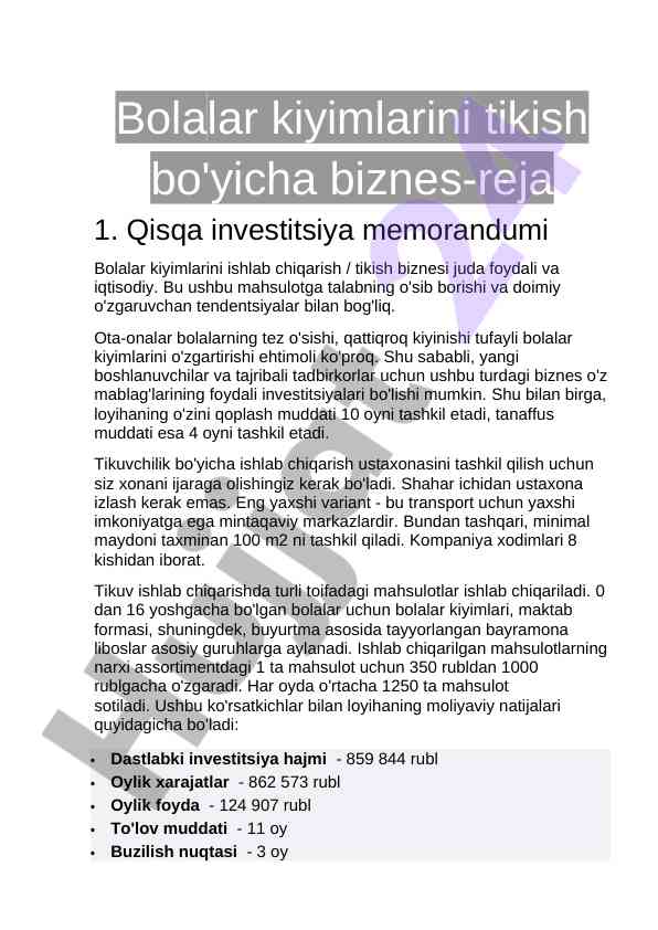 Bolalar kiyimlari tikish biznesi bo'yicha reja