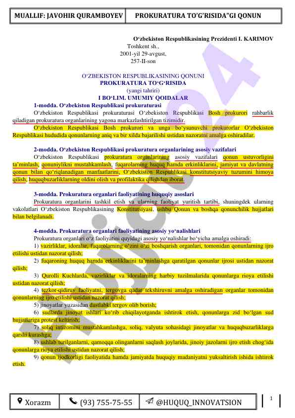 Prokuratura to'g'risida huquqiy hujjatlar taqdimoti